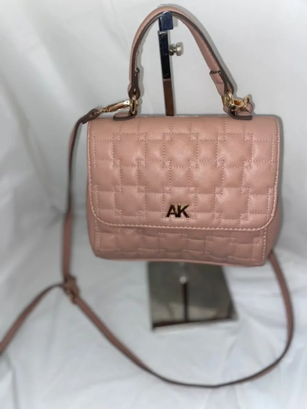 Anne Klein Dusty Rose Pink Quilted Flap Satchel Bag with Crossbody Strap